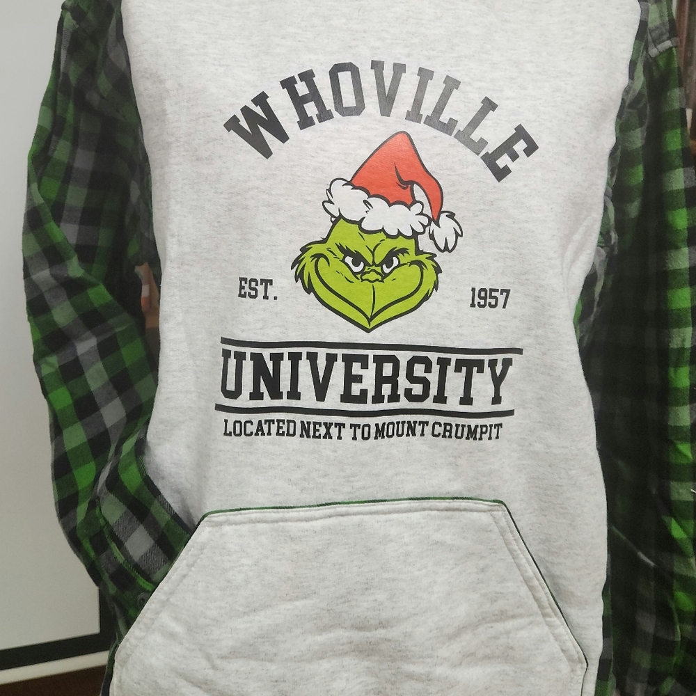 Upcycled Oversized Christmas Sweatshirt with Flannel Sleeves